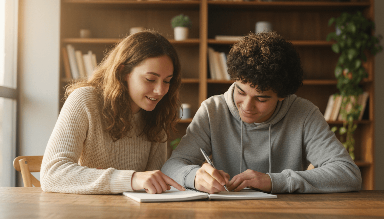 Tutor working beside a student at a sunlit home table with notebooks open