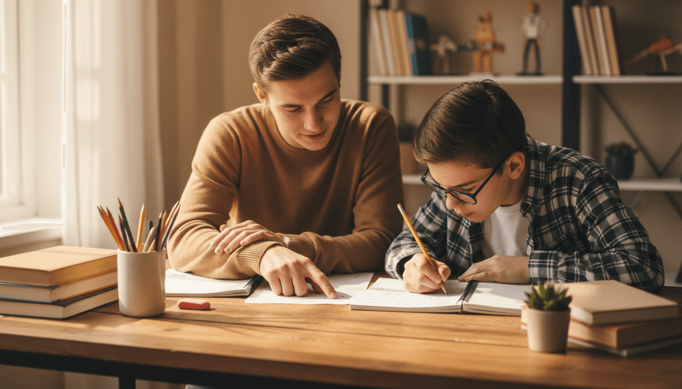 Tutor helping a student with an open workbook at a home desk