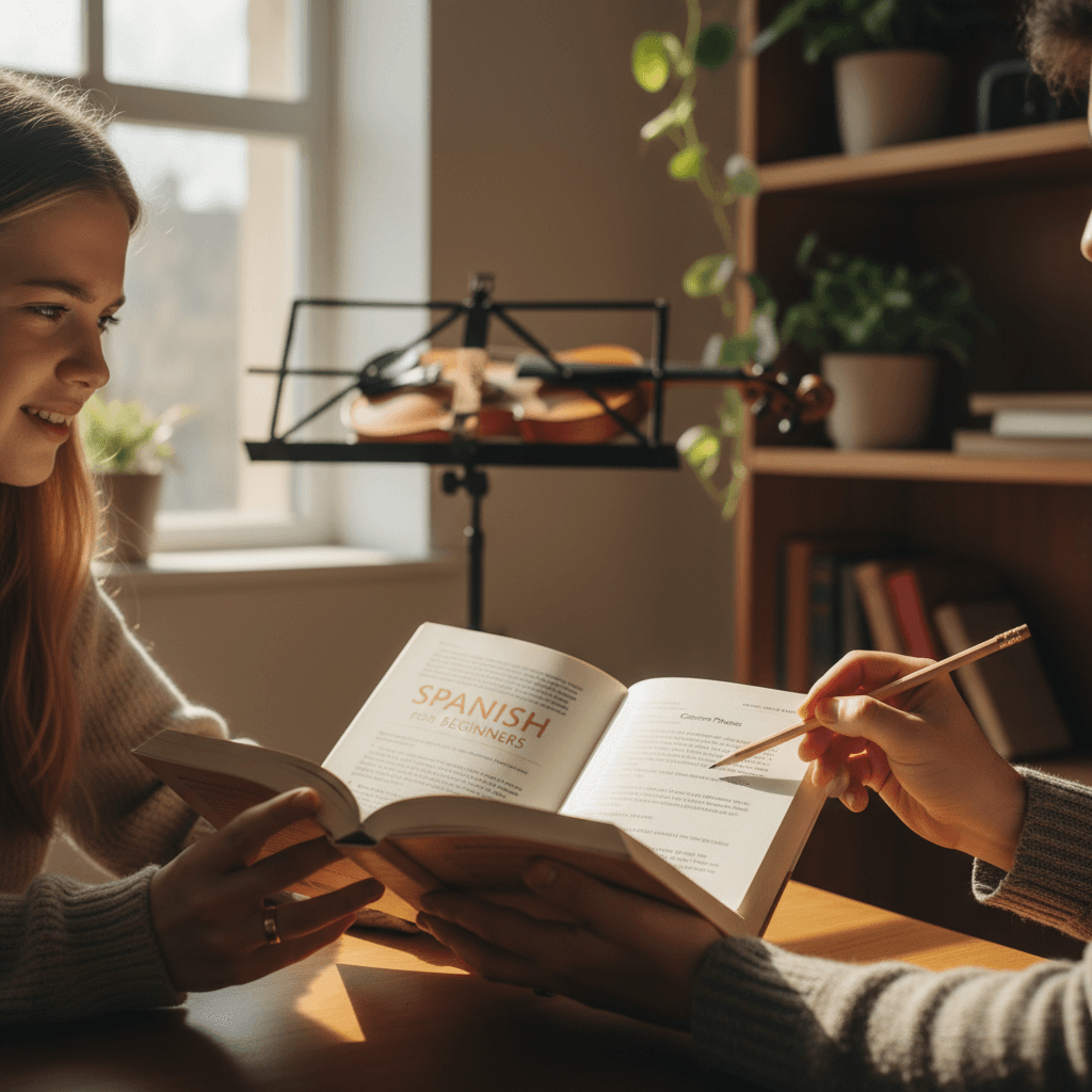 Tutor working one-on-one with a student at a home study table, reviewing a workbook together